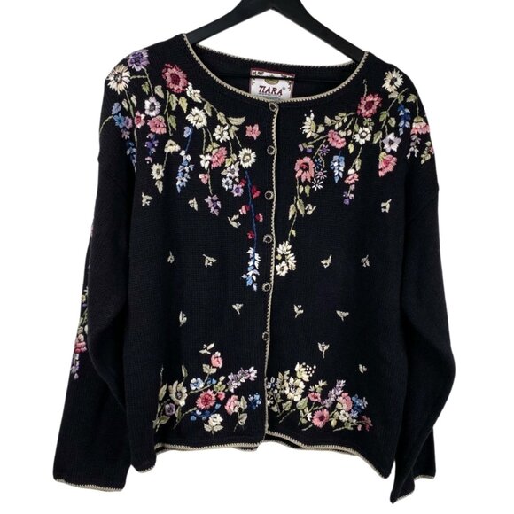 Tiara International Sweaters - Tiara Vintage Y2K Floral Button Up Cardigan Sweater Embroidered Women Size M